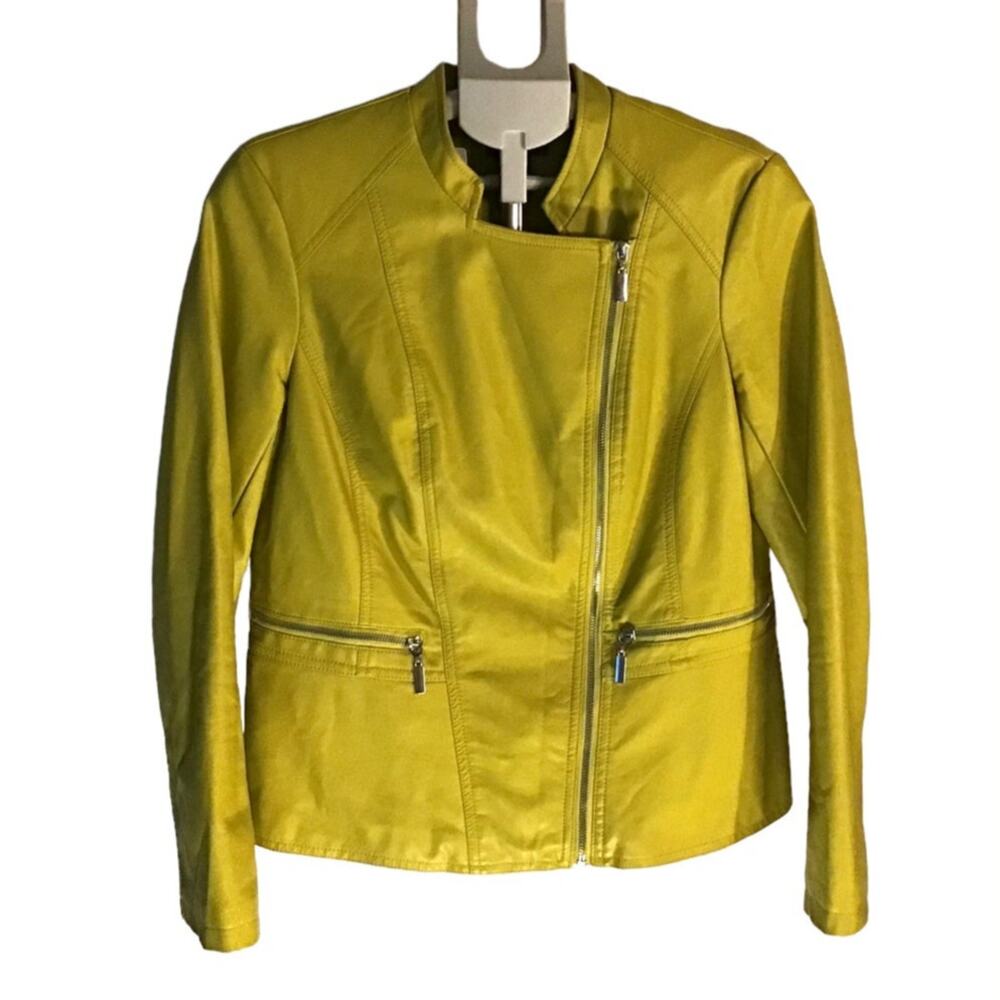 Alfani Women's Bright Yellow Faux Leather Zippered Moto Jacket SZ S